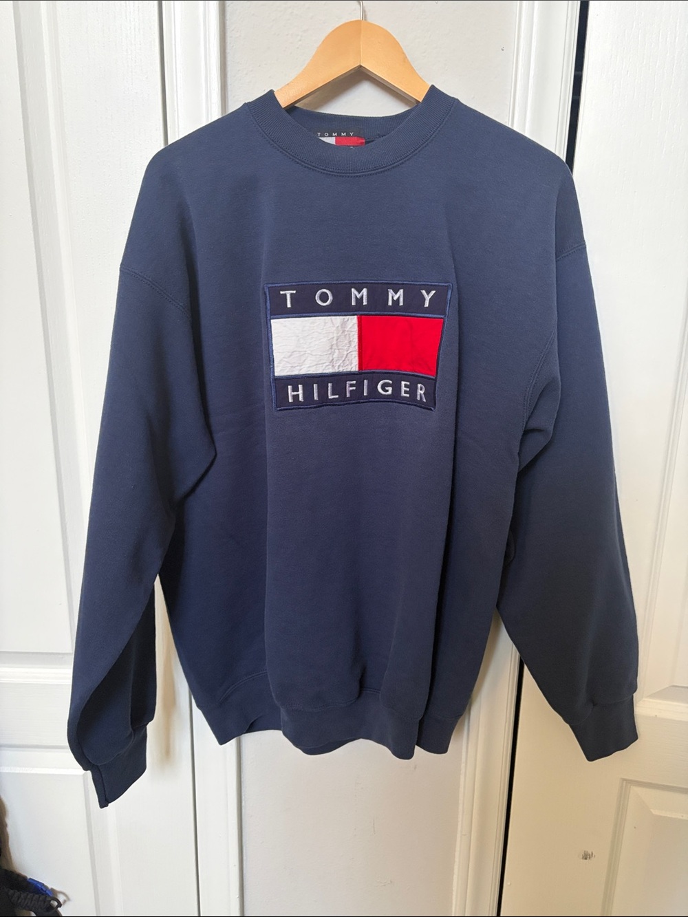 Tommy Hilfiger Navy Crewneck Sweatshirt with Red & White Flag Patch